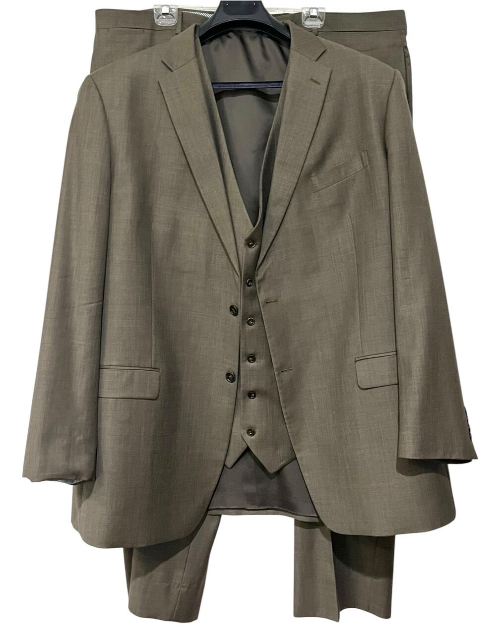 Tommy Hilfiger 3 Piece Suit Mens XL 52 Brown/Taupe Wool Vest Pants Formal